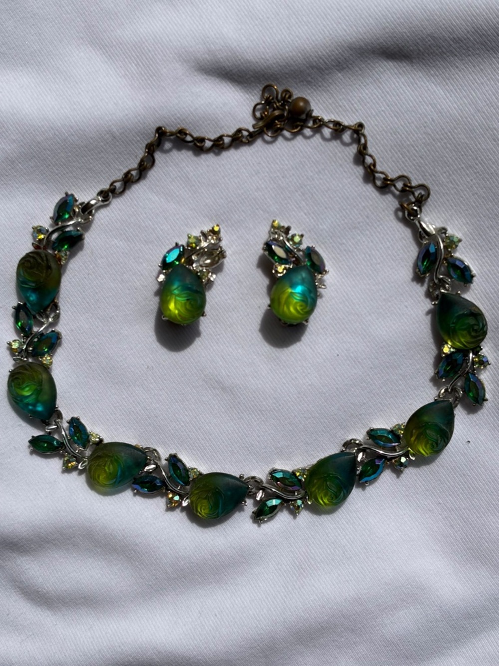 Green and Teal Floral Glass Necklace & Earring Set